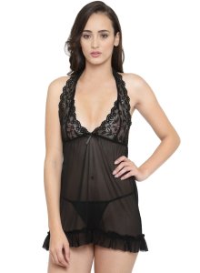 N-Gal Women's Polyester Spandex Deep Halter Neck Sheer Net Babydoll Night Dress with G-String Nightwear_Black