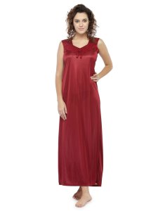 N-Gal Women's Satin Half Sleeves Polka Dot Nighty Night Dress Nightwear_DarkMaroon