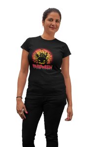 Happy Halloween, Pumpkin(BG Orange) - Printed Tees for Women's -designed for Halloween