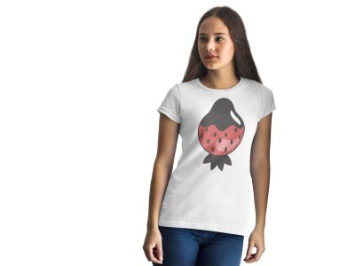 Big Strawberry Printed On Printed White T-Shirts