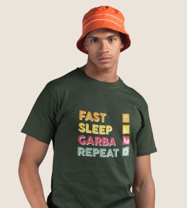 Fast, sleep, garba, repeat printed unisex adults round neck cotton half-sleeve green tshirt specially for Navratri festival/ Durga puja