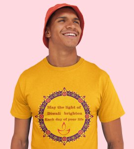 Small diyas surrounded mandala art printed diwali themed unisex round neck blended yellow t-shirt specially for diwali festival