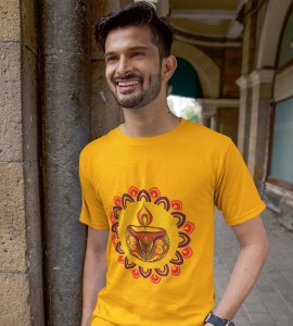 Rangoli mandala art (diya) printed diwali themed unisex round neck blended yellow t-shirt specially for diwali festival