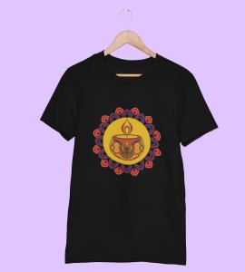 Rangoli mandala art (diya) printed diwali themed unisex round neck blended black t-shirt specially for diwali festival