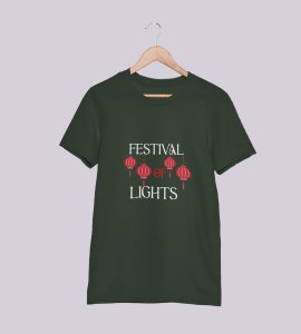 Festival of lights text printed diwali themed unisex round neck blended green t-shirt specially for diwali festival