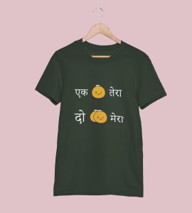 ek ladoo tera, do ladoo mera printed diwali themed unisex round neck blended green t-shirt specially for diwali festival