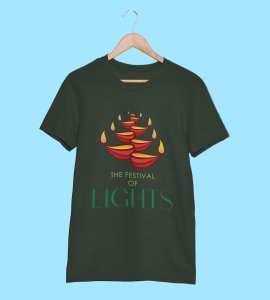 Diyas opposite wise framed printed diwali themed unisex round neck blended green t-shirt specially for diwali festival