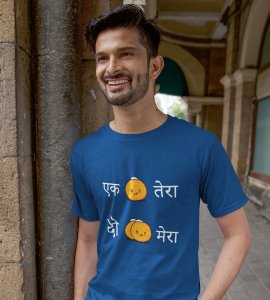 Ek laddoo tera, Do laddoo mera printed diwali themed unisex round neck blended blue t-shirt specially for diwali festival