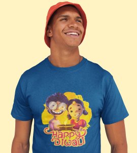 Diya light brighten with animated kids framed printed diwali themed unisex round neck blended blue t-shirt specially for diwali festival