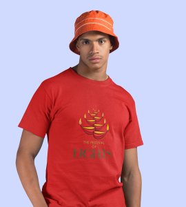 Diyas opposite wise framed printed diwali themed unisex round neck blended red t-shirt specially for diwali festival