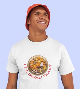 It's diwali feast printed diwali themed unisex round neck blended white t-shirt specially for diwali festival