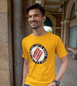 Let's burn the evil within printed diwali themed unisex round neck blended yellow t-shirt specially for diwali festival