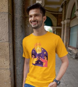 Air balloon & animated couple printed diwali themed unisex round neck blended yellow t-shirt specially for diwali festival