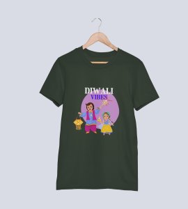 Traditional dressup combined father-daughter duo printed diwali themed unisex round neck blended green t-shirt specially for diwali festival