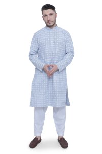 Sophisticated Gray Floral Print Cotton Men's Kurta - Timeless Elegance