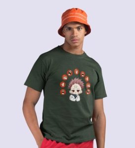 Itadori Two Faces, Printed Cotton Green Tshirt For Mens and Boys