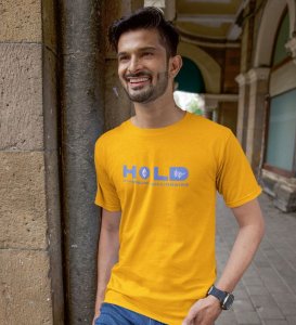 Hold! Wings Yellow Round Neck Cotton Half Sleeved Men's T-Shirt with Printed Graphics