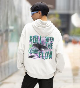 Cosmic Adventure Space Ship Roll with Cosmic Flow White Cotton Printed Hoodies For Men