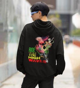 Surf the Cosmic Flow Ride The High Waves Black Cotton Printed Hoodies For Men