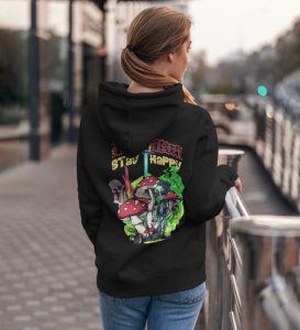 Good Vibes Only  Stay Trippy, Stay Happy Black Cotton Printed Hoodies For Women