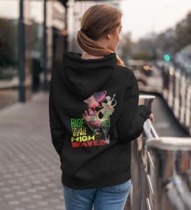 Surf the Cosmic Flow  Ride The High Waves Black Cotton Printed Hoodies For Women