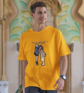 Tall And Short Duo Yellow Round Neck Cotton Half Sleeved Men T Shirt with Printed Graphics