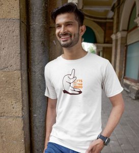 It's Too Hard! White Round Neck Cotton Half Sleeved Men T-Shirt with Printed Graphics