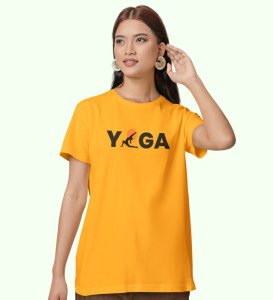 Yoga : The Strongest Path Yellow Round Neck Cotton Half Sleeved Women T-Shirt with Printed Graphics